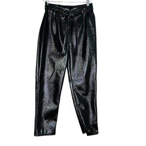 WHO What Wear High Waisted Belted Shiny Faux Leather Black Pants Size 2